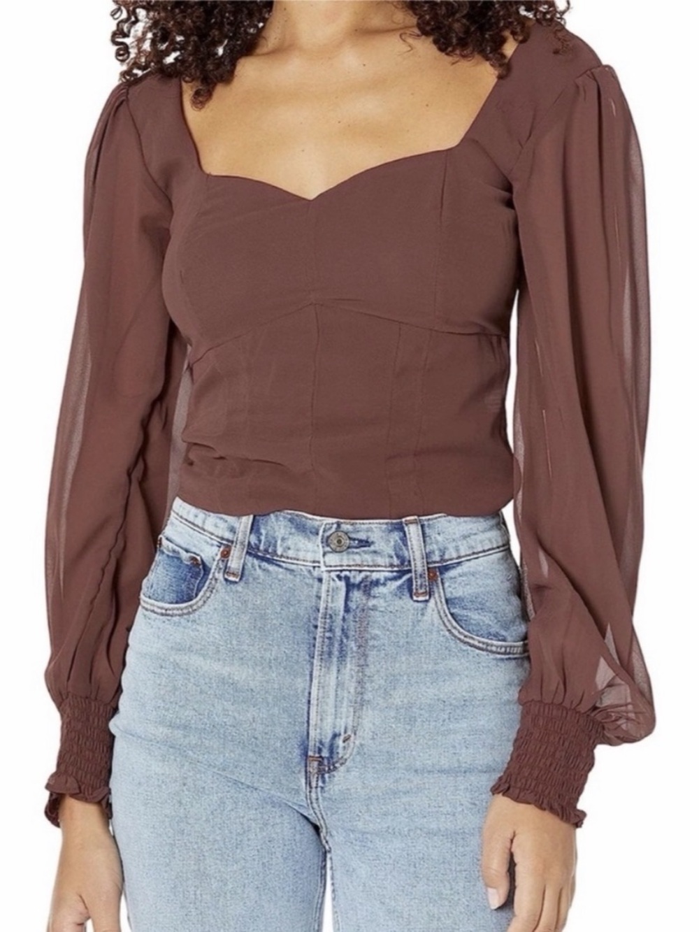 Abercrombie & Fitch Long-Sleeve Sweetheart Chiffon Top Brown XS